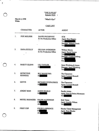 Mind's Eye cast list, page 1