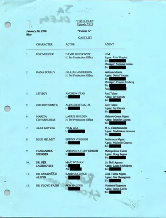 Patient X cast list, page 1