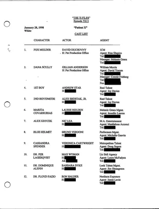 Patient X cast list, page 1