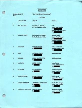 The Post-Modern Prometheus cast list, page 1