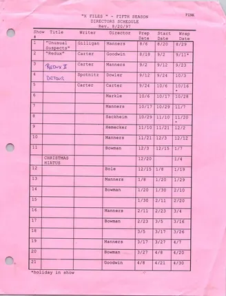 Fifth Season Directors Schedule, page 1
