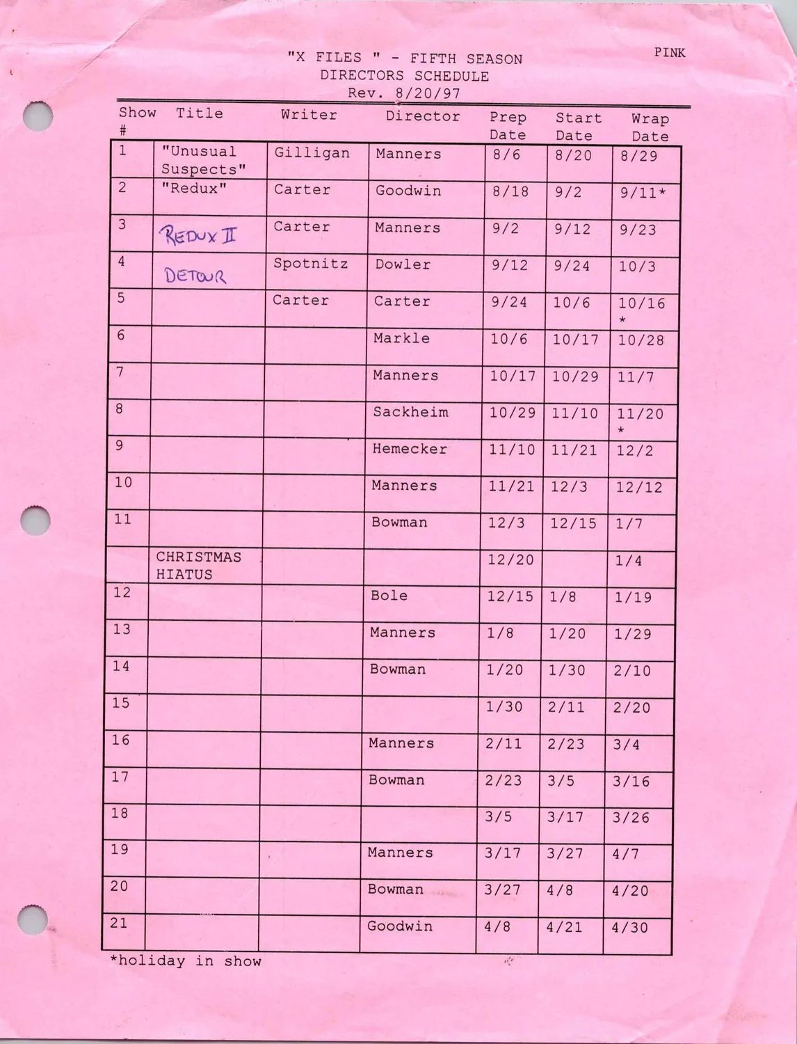 Fifth Season Directors Schedule