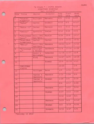 Fifth Season Directors Schedule, page 1