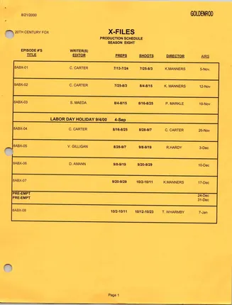 Season Eight Production Schedule, page 1
