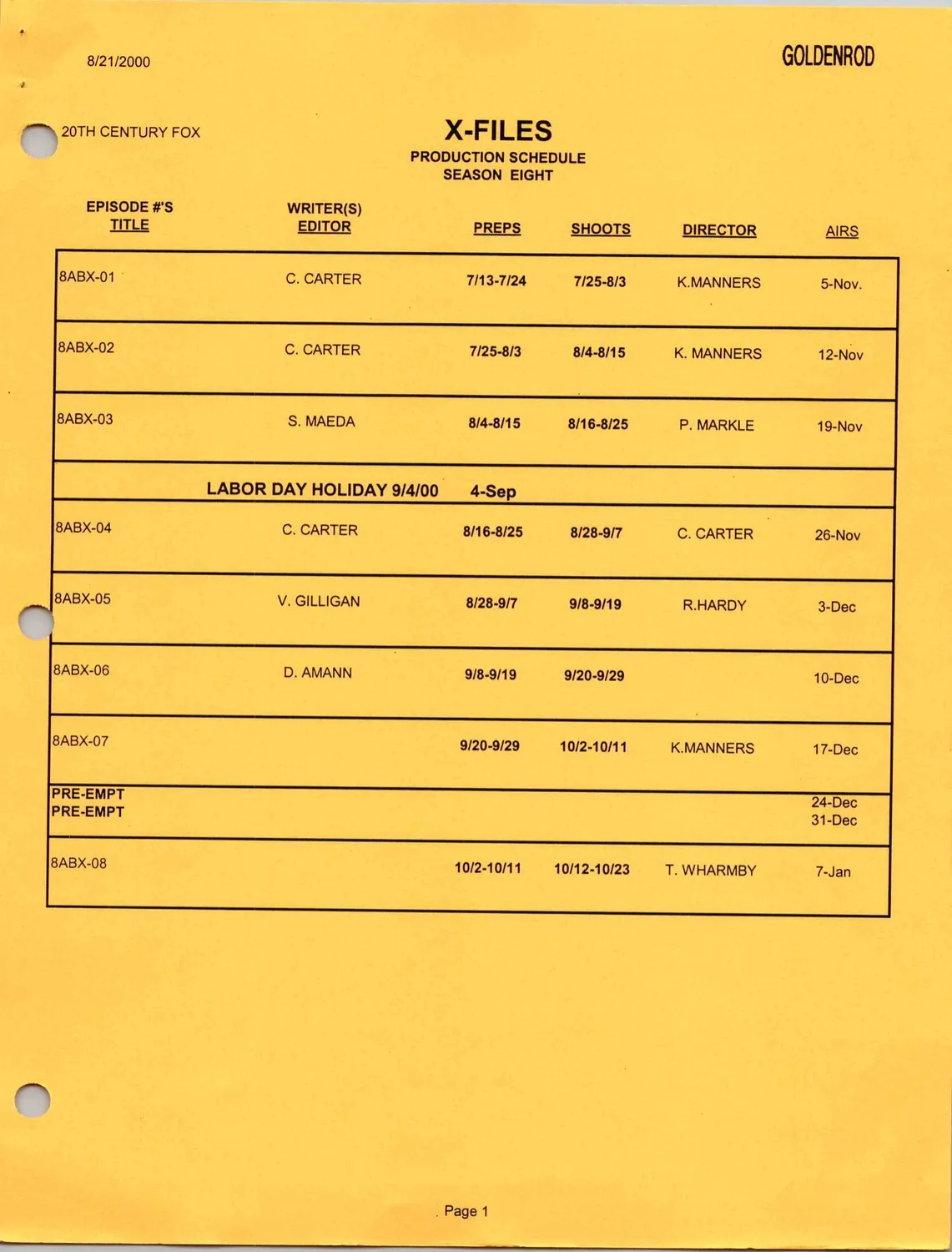 Season Eight Production Schedule