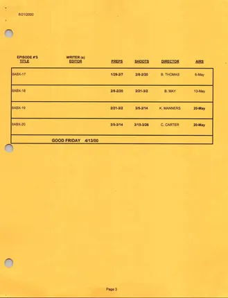Season Eight Production Schedule, page 3