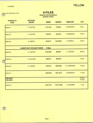 Season Eight Production Schedule, page 1
