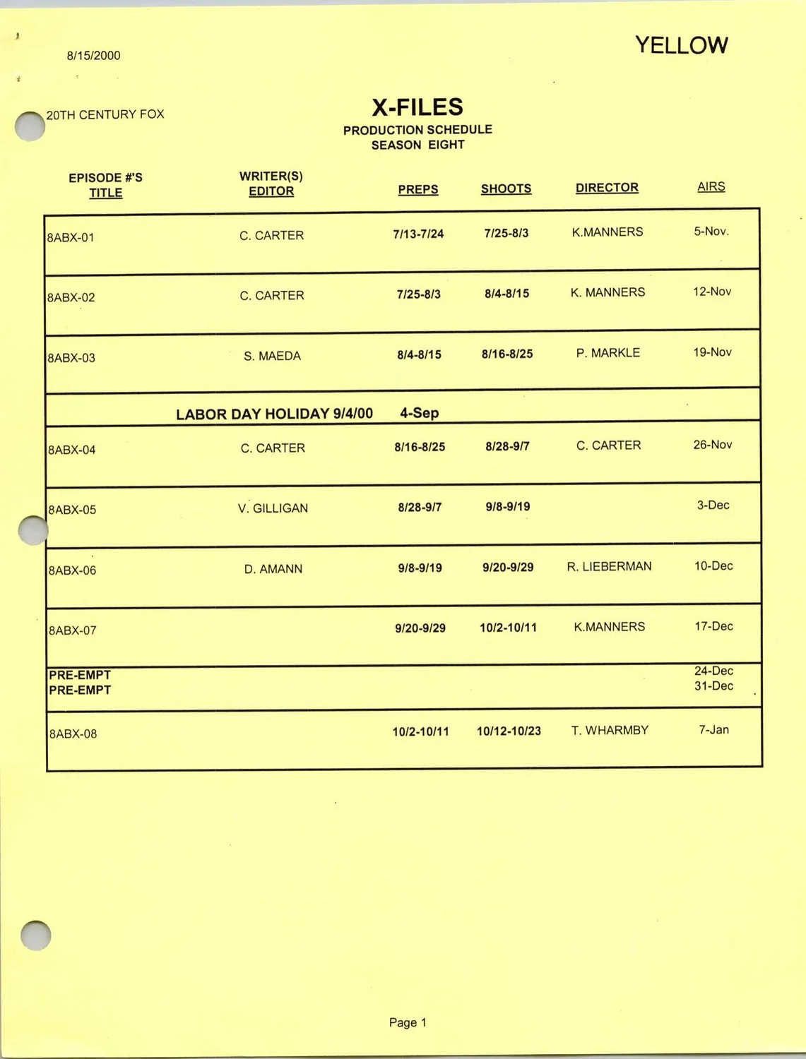 Season Eight Production Schedule