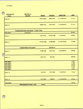 Season Eight Production Schedule, page 2