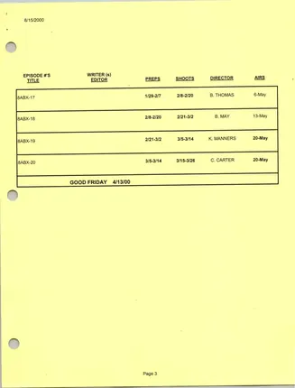 Season Eight Production Schedule, page 3