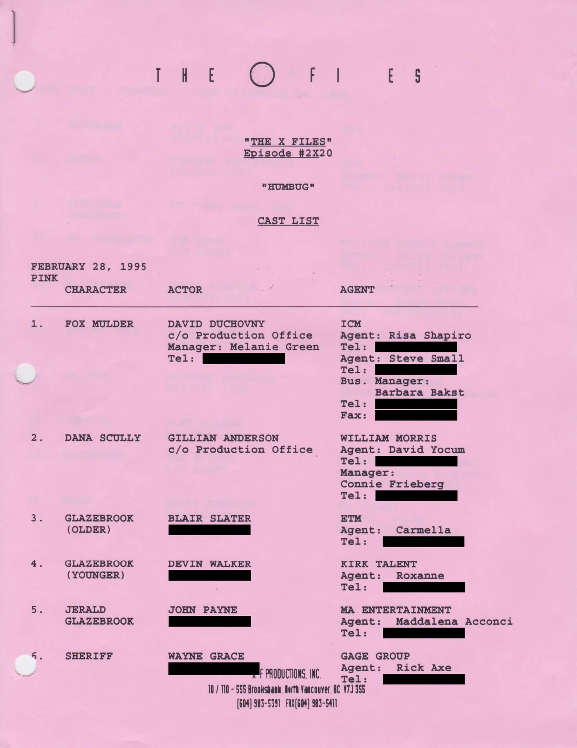 Cast list, Pink, February 28, 1995
