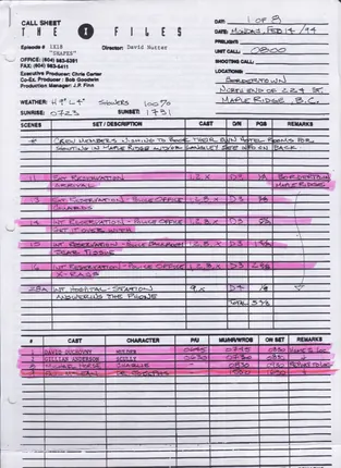 Call sheets, days 1 to 7 of 8, page 1