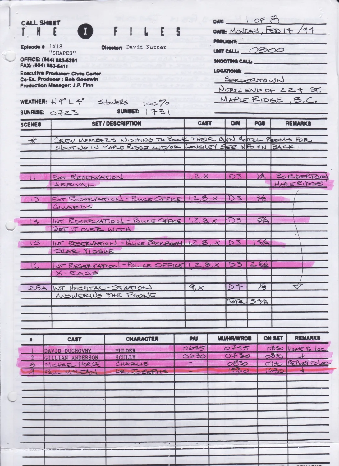 Call sheets, days 1 to 7 of 8