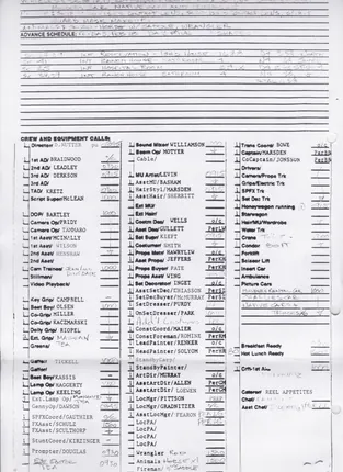 Call sheets, days 1 to 7 of 8, page 16
