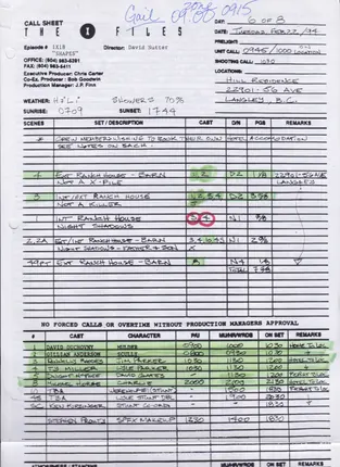 Call sheets, days 1 to 7 of 8, page 21