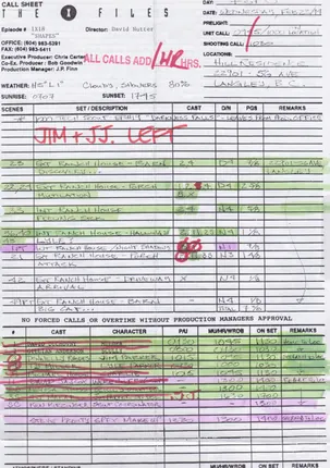 Call sheets, days 1 to 7 of 8, page 25