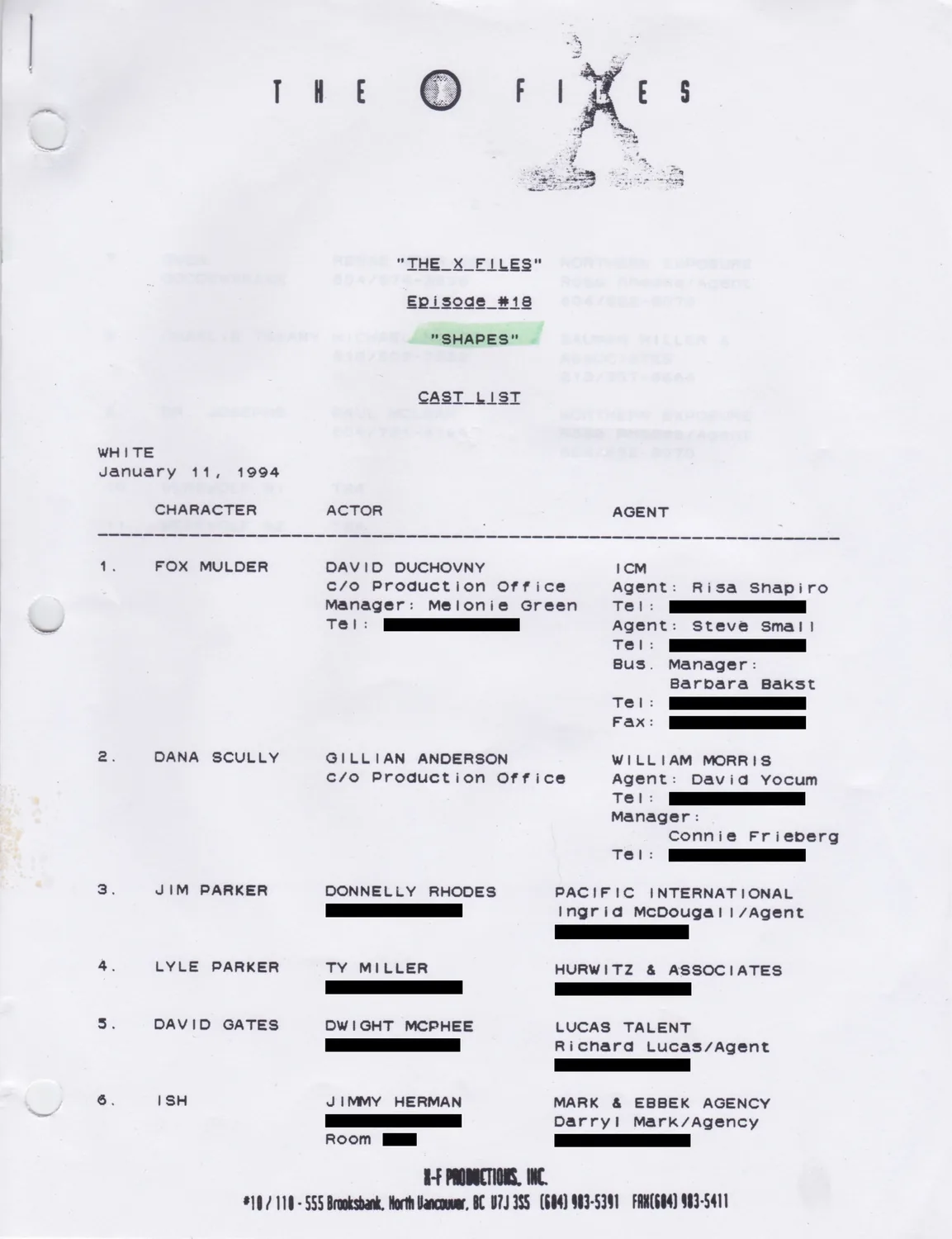 Cast list, White, January 11, 1994